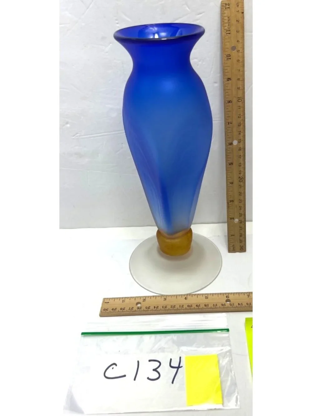 Signed Newell Blue Frosted Glass Vase With Amber Accent & Clear Glass Base C134